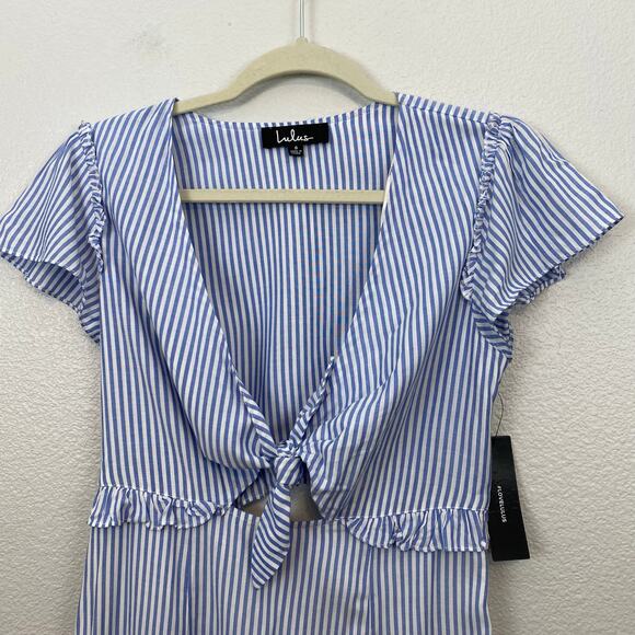 Lulus Seaport Blue & White Stripe Tie Front 100% Rayon Mini Dress - S - Picture 6 of 10
